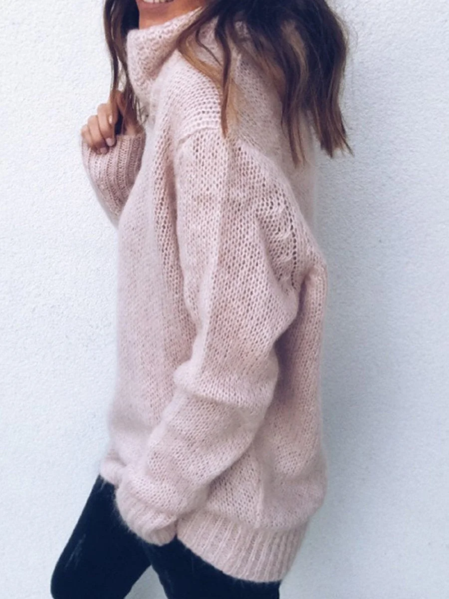 High Neck Solid Color Long Sleeve Knitting Sweater