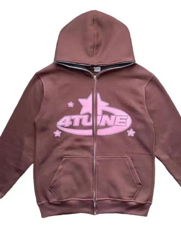Gothic Street Star Letter Printed Zipper Oversized Hoodie