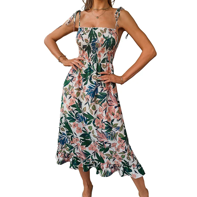 Sexy Floral Print Sling High Stretch Waist Pleated Boho Vacation Dress