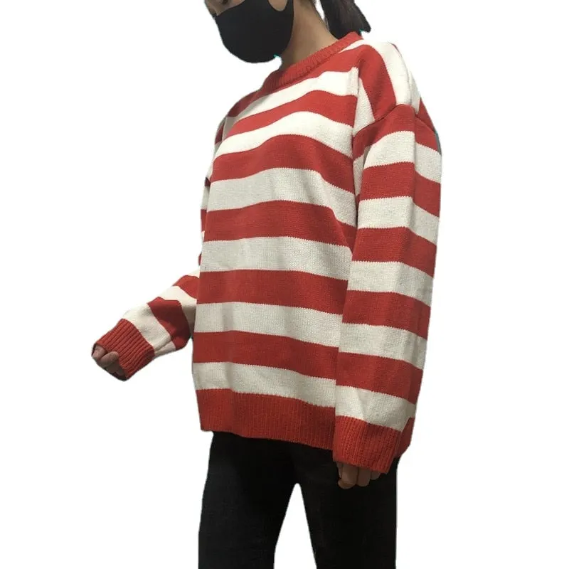 Autumn Winter Knitted Striped Sweater Women Casual Oversized Pullovers Sweaters Loose Warm Jumper Streetwear Teen Knitwear