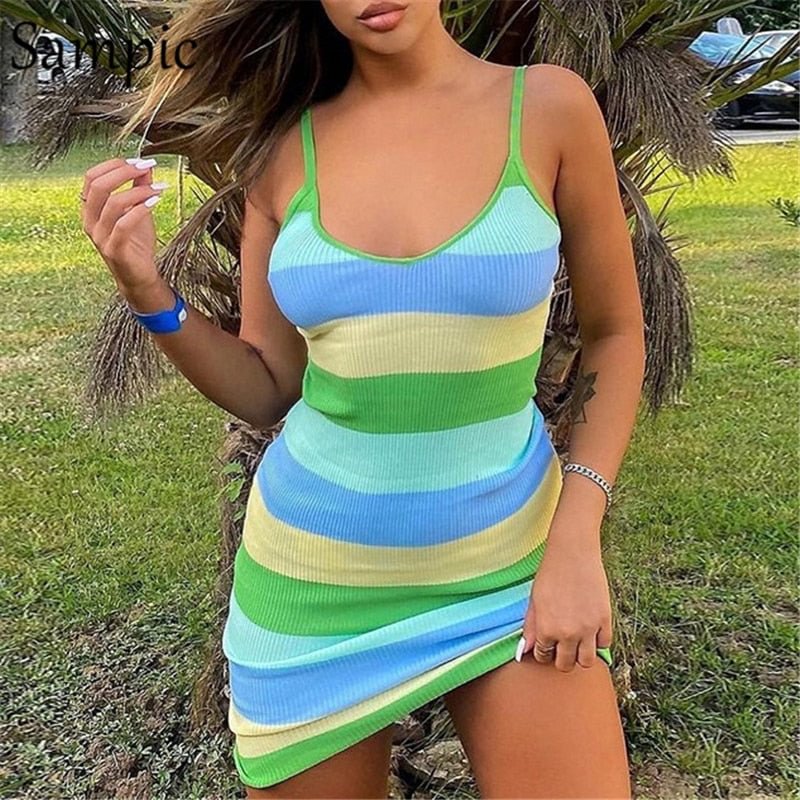 Sampic V Neck Strap Summer Knitted Multicolor Striped 2021 Mini Women Bodycon Dress Sexy Green Short Wrap Backless Club Dress