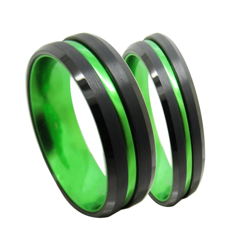 6MM 8MM Tungsten Black Inner Set Green Aluminum Couple Womens Or Mens Grooved Wedding Rings