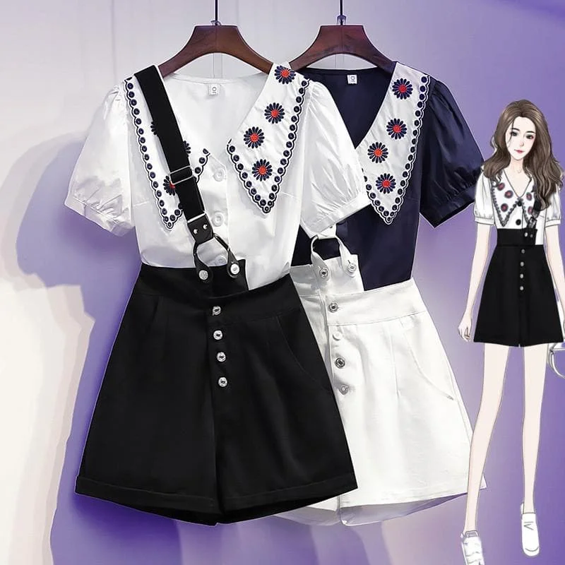 Cute Casual Embordery Collar Flowers Navy White Top and White Black Shorts SS1309