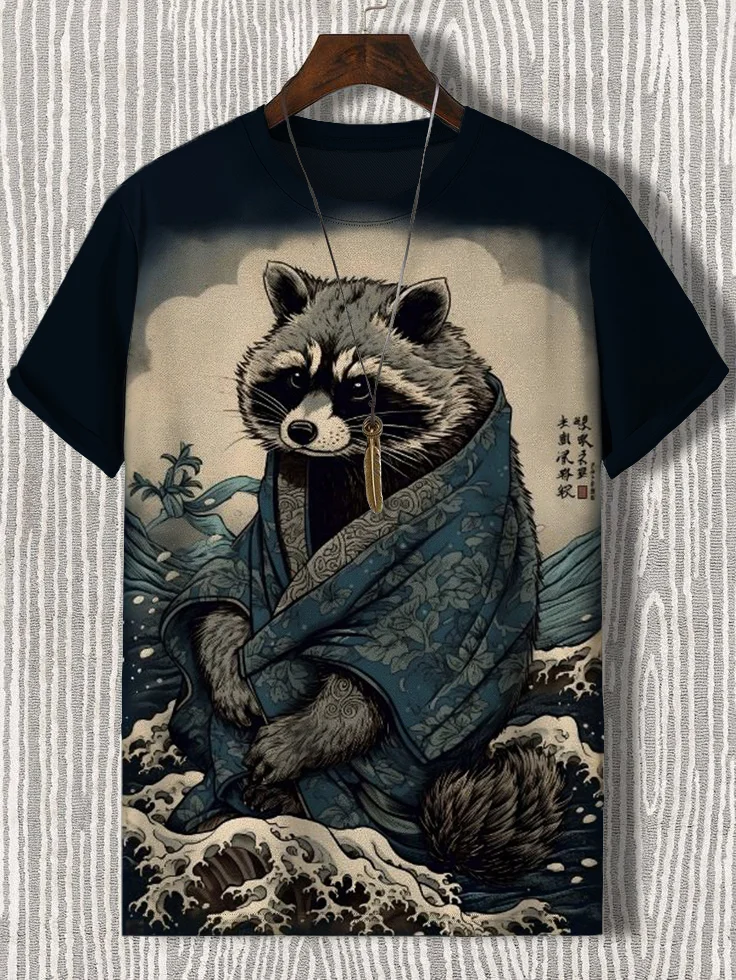 Men's Raccoon Rough Sea Waves Japanese Art Printed T-Shirt