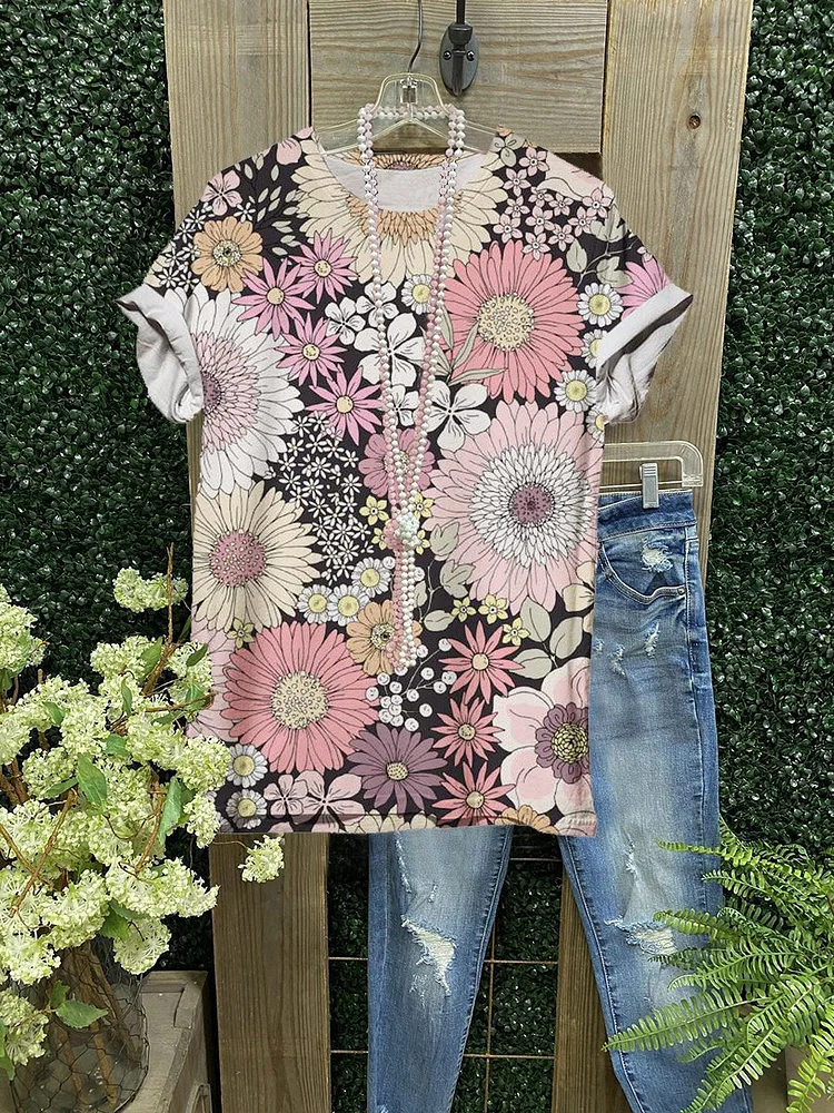 Casual flower print crew neck top-Mayoulove