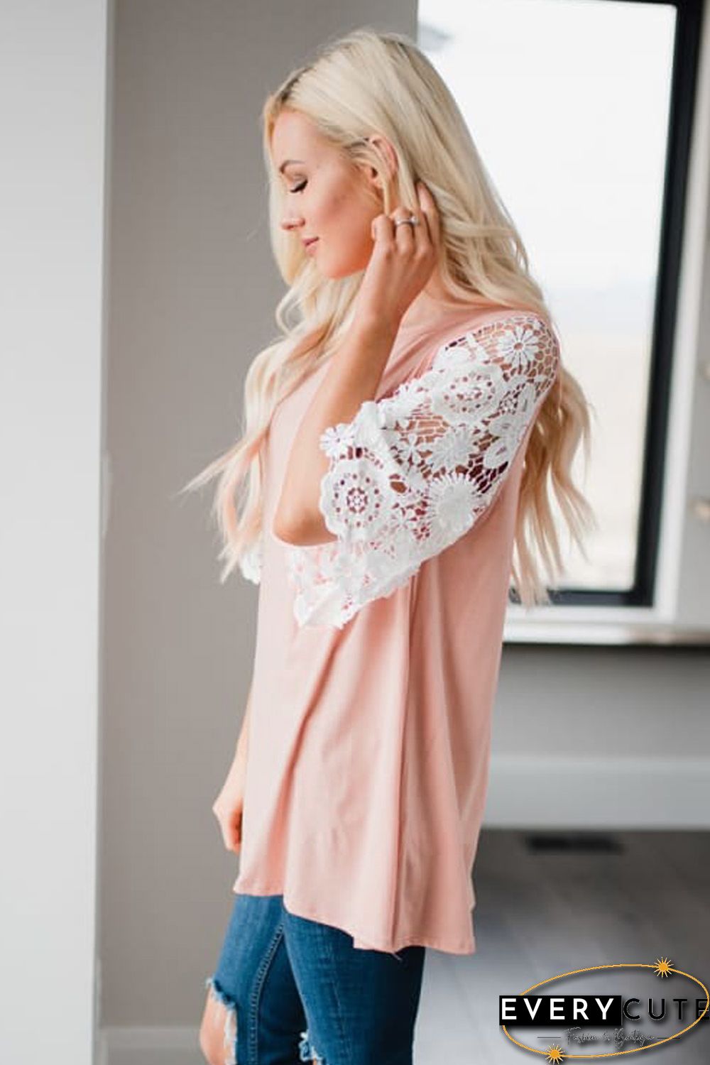 Pink Lace Sleeves Tunic Top