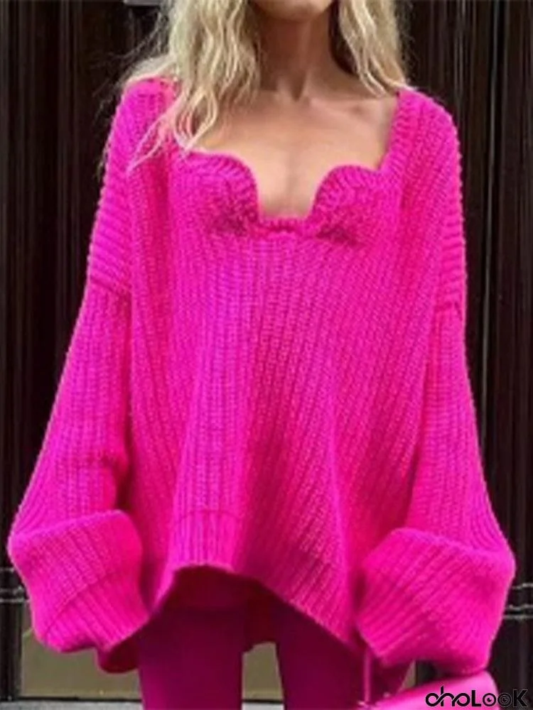 Mohair Sweaters Rose Red Cable Knitted Long Lantern Sleeve Sweater