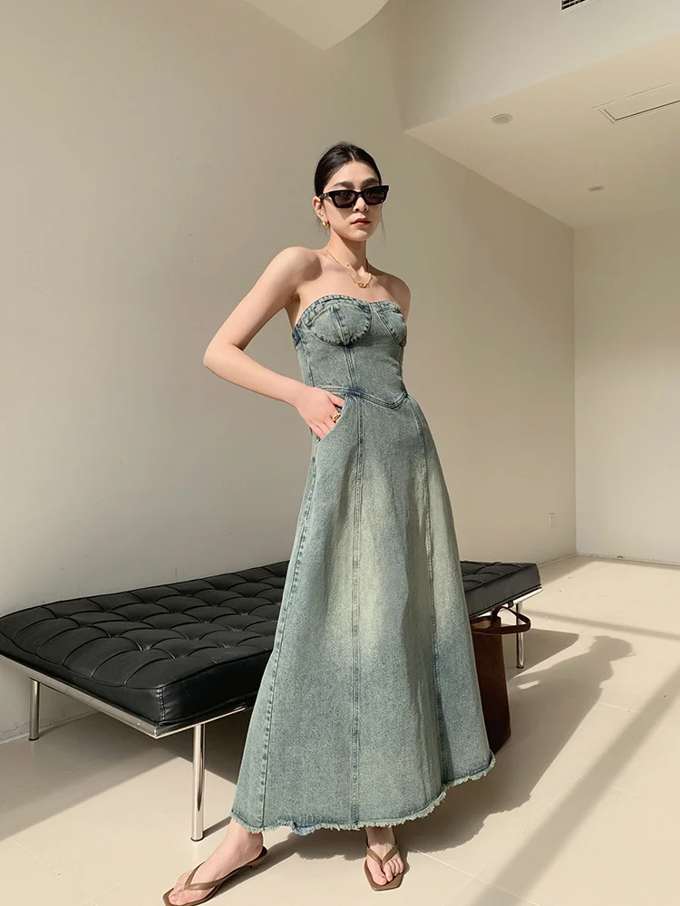 Personalized Blue Splicing Bustier Denim Maxi Dress