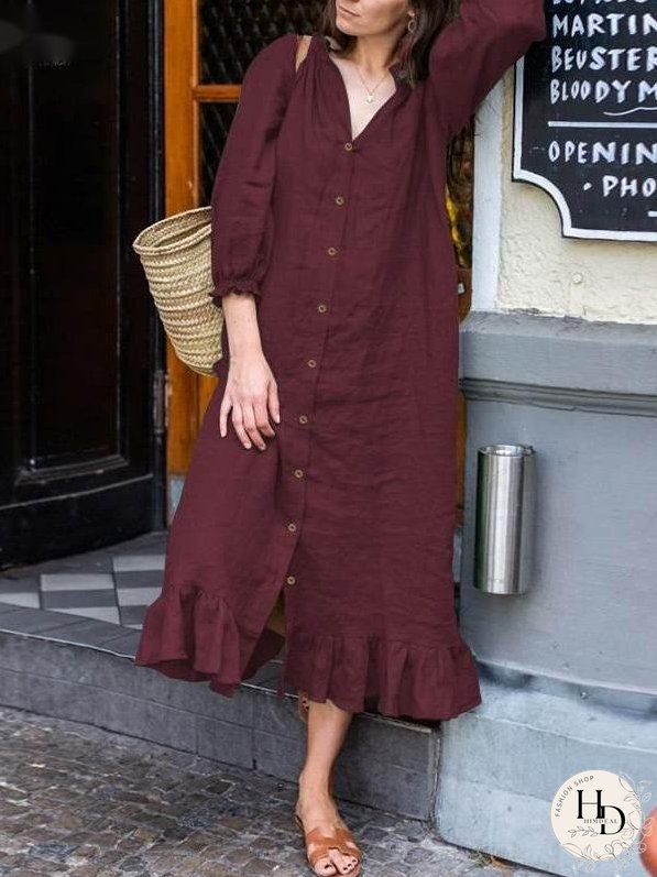 Dresses Solid Lotus Leaf Collar Button Casual Dress for Women