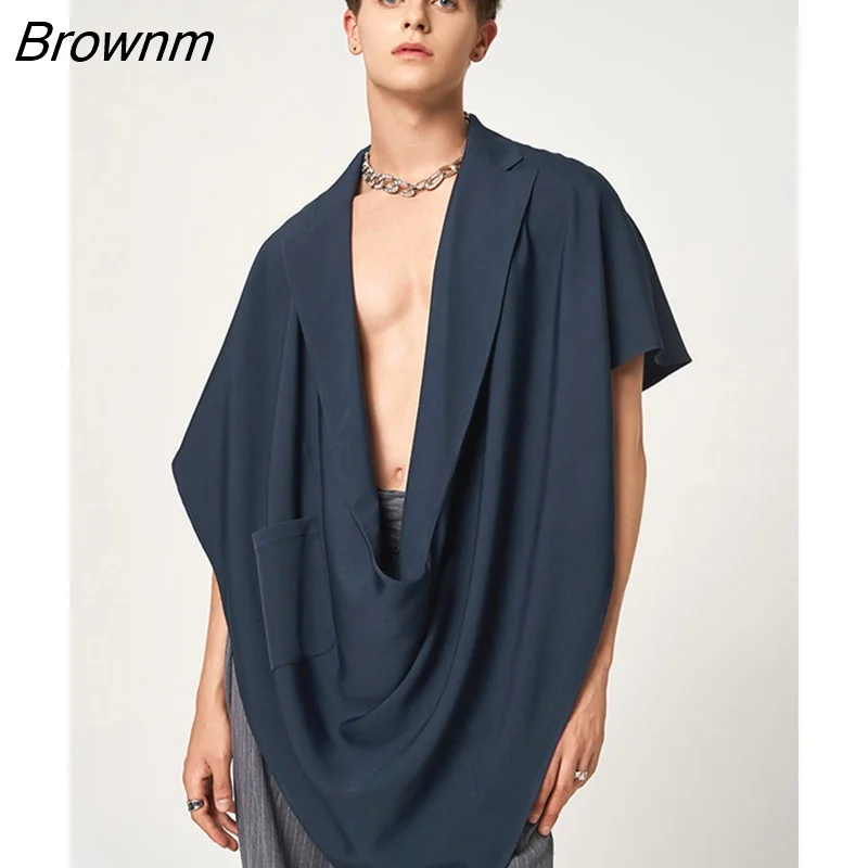 Brownm Fashion Men Vests Solid Color Lapel Sleeveless Casual Irregular Waistcoats Pockets Loose Streetwear Men Cloak S-5XL INCERUN