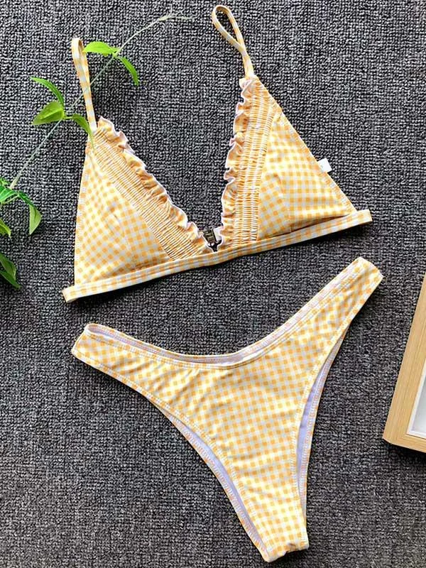 Yellow Ruffled Triangle Top Bikinis Swimwear