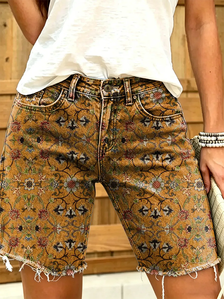 Ethnicity Flowers Geometry Totem Women's Art Print Casual Denim Shorts