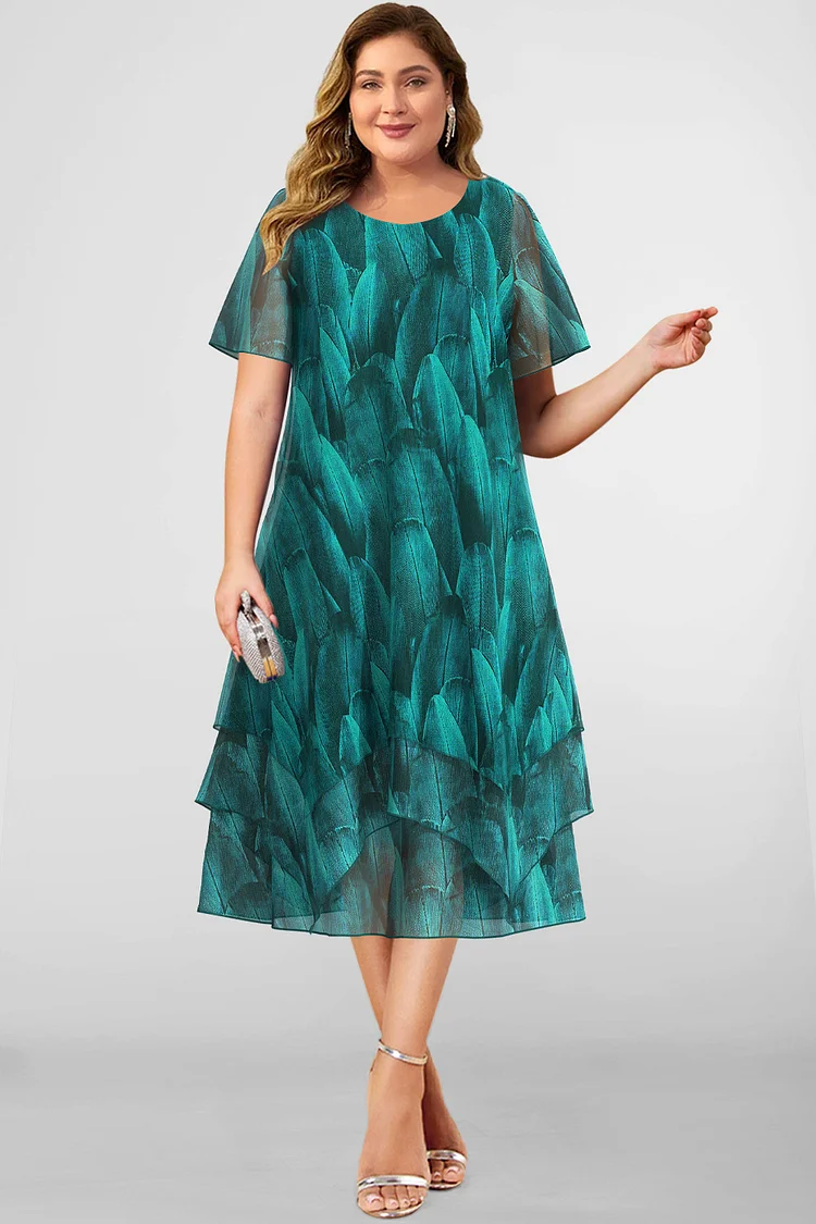Flycurvy Plus Size Everyday Green Chiffon Layered Feathers Print Round Neck Tea-length Dress  Flycurvy [product_label]