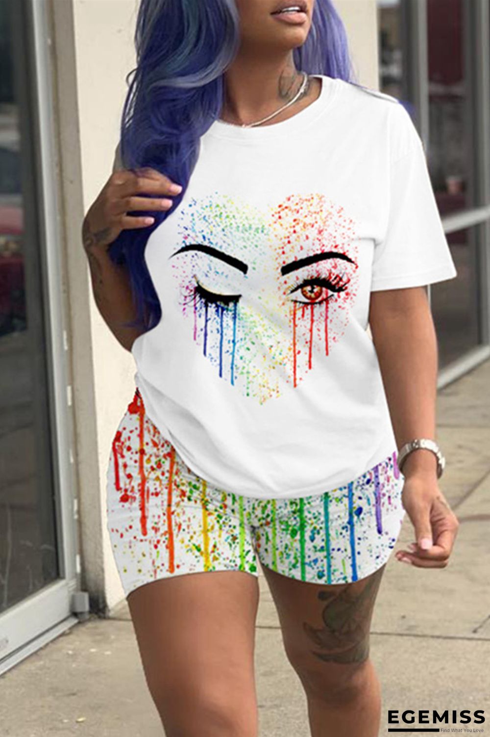 White Fashion Casual Print Basic O Neck Short Sleeve Two Pieces | EGEMISS