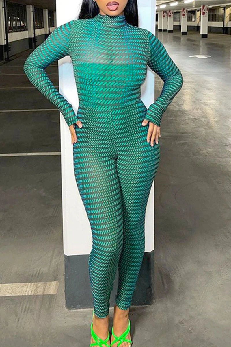 Sexy Print Split Joint Half A Turtleneck Regular Jumpsuits