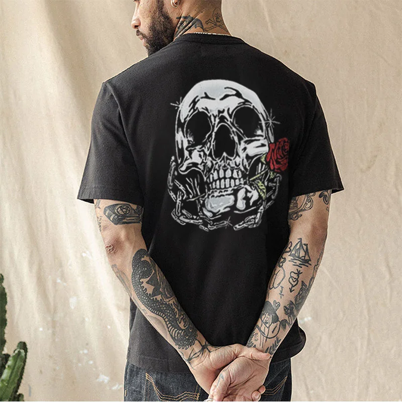 Skull Carrying Rose Graphic Casual Black Print T-shirt