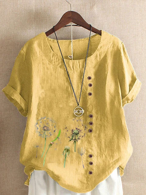 Summer Women&#39;s Fashion Dandelion Printed Short Sleeve Round Neck Blouse Ladies Linen Button Tops Loose T-shirts S-5XL
