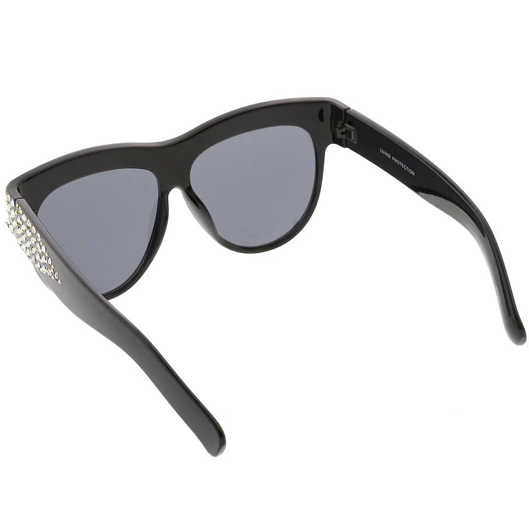 Handcrafted Rhinestone Stud Embellished Oversize glasses Round Flat Lens 57mm