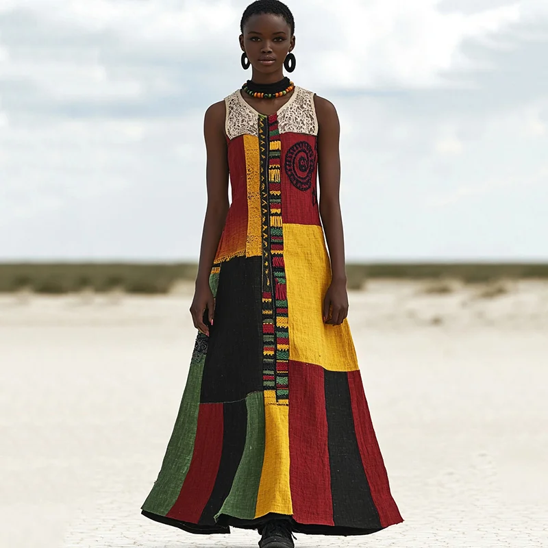 Women's Black Juneteenth Patchwork Lace Dress