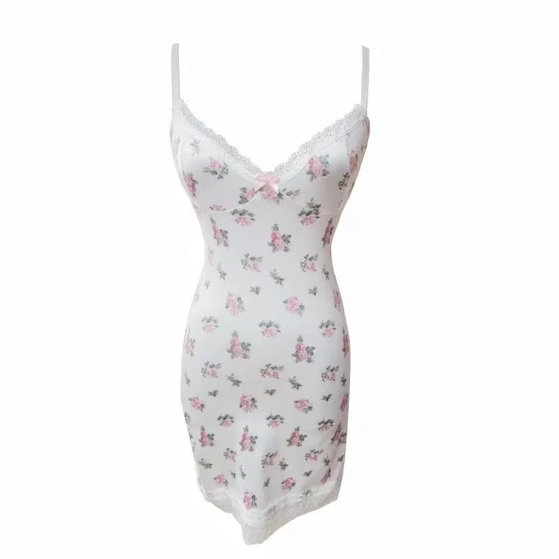 Brownm Sleeping Skirt Fresh Small Broken Flowers Tidive Splicing Small Chest Pure Lust Wind Sling Chest Cushions Hips Sexy Pajamas Short Skirt