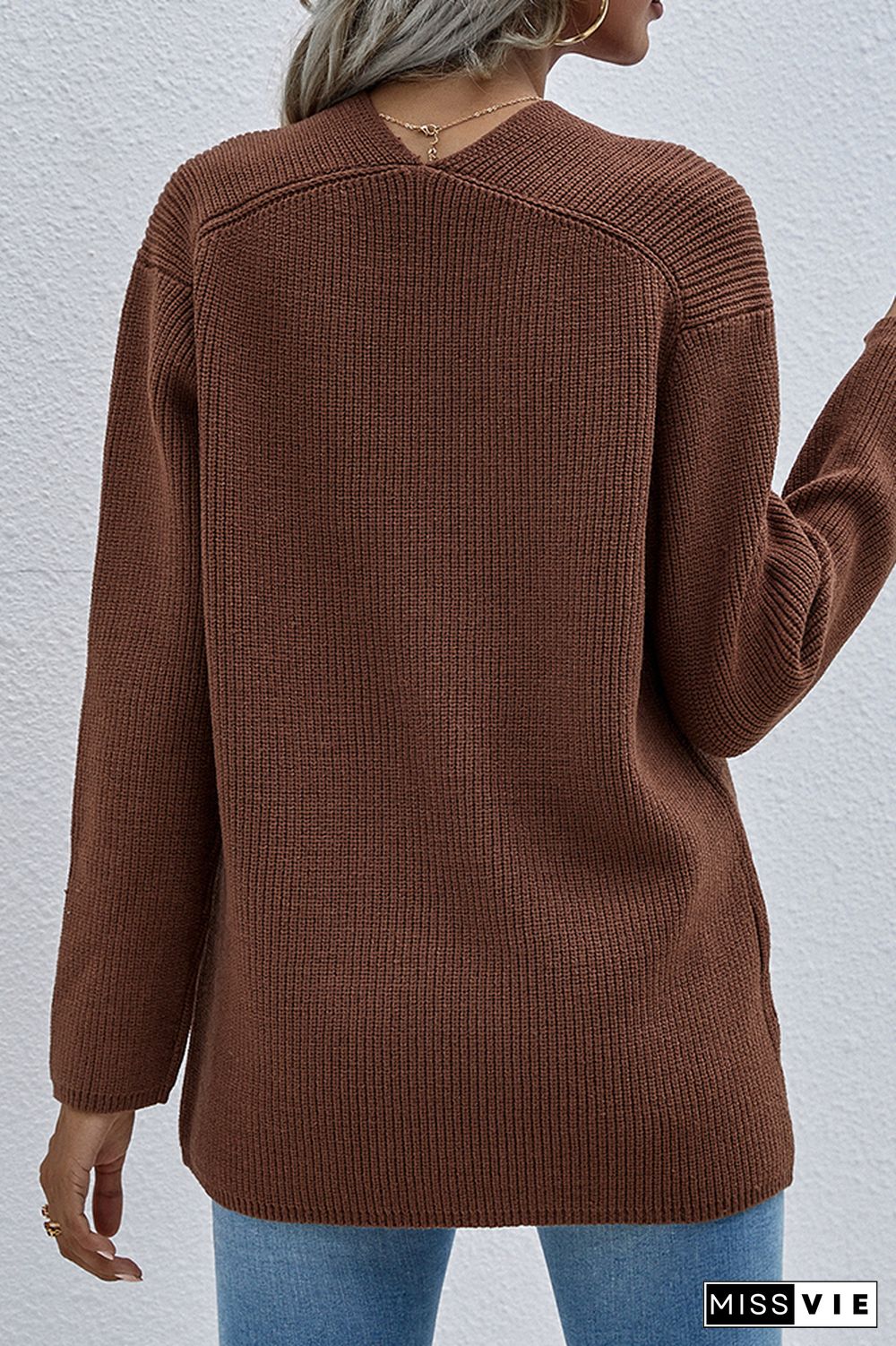 V-neck Long Sleeves Loose Solid Color Pullover Sweater Wholesale