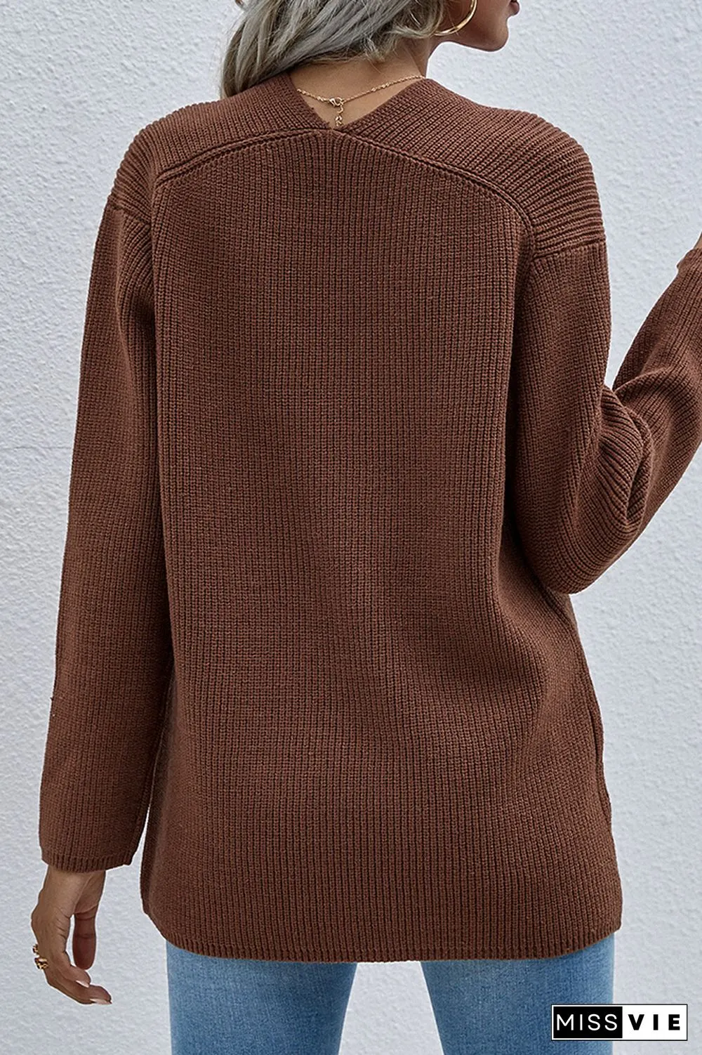V-neck Long Sleeves Loose Solid Color Pullover Sweater Wholesale