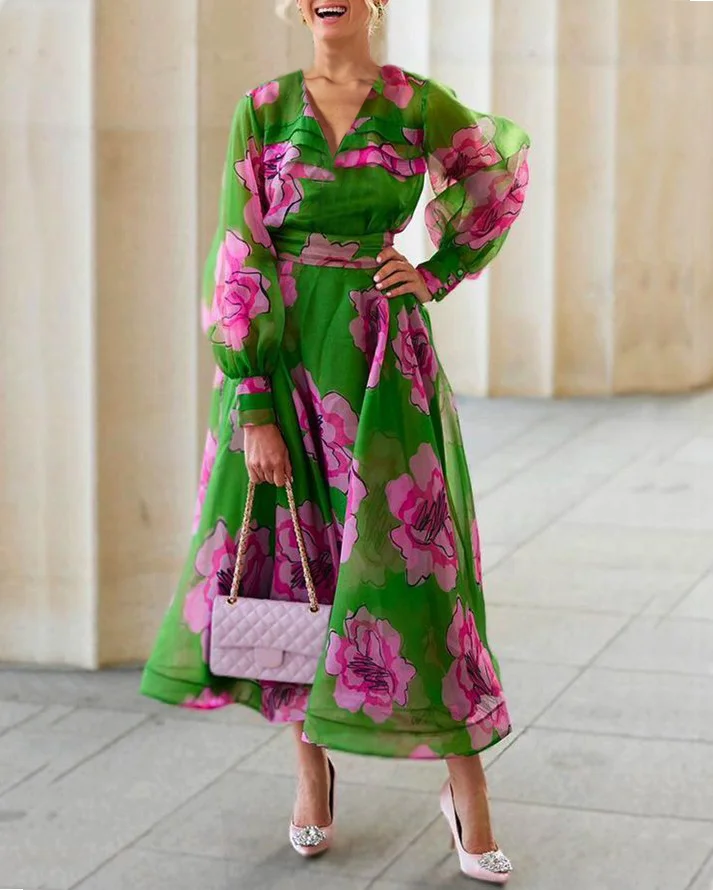 V Neck Floral Holiday Dress
