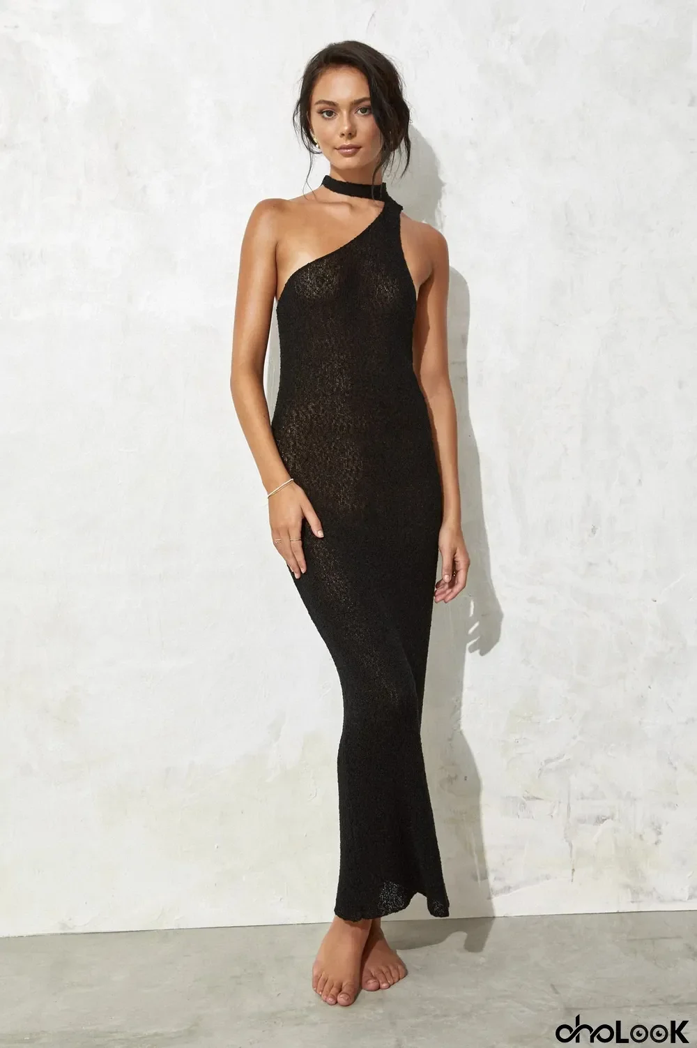 Fashion Ladies Solid Color Sexy One Shoulder Halter Neck Lace-Up Low Back Knitting Maxi Dress