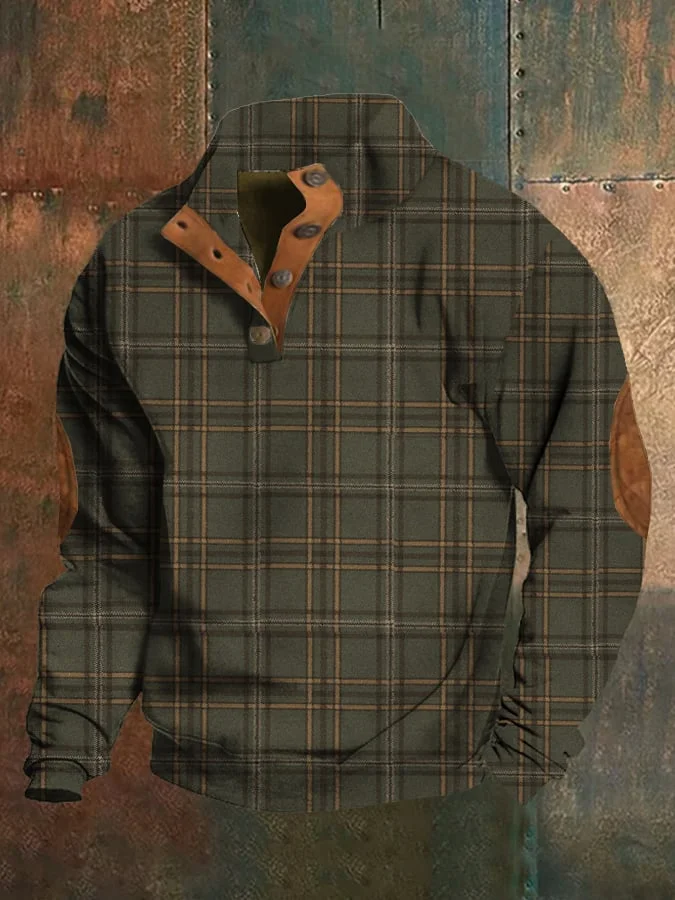 Men's Western Vintage Plaid Print Stand Collar Button-Down Sweatshirt