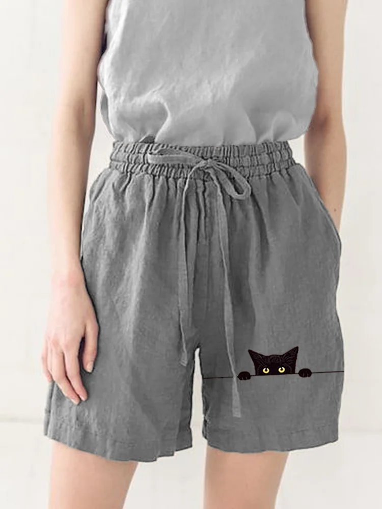 Simpfit Lässige, lustige kurze Hose mit schwarzem Katzen-Print für Damen