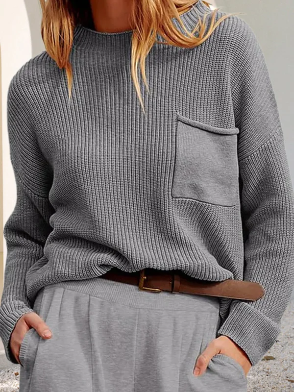 Solid Color Pockets Loose Long Sleeves Round-Neck Sweater Tops Pullovers Knitwear