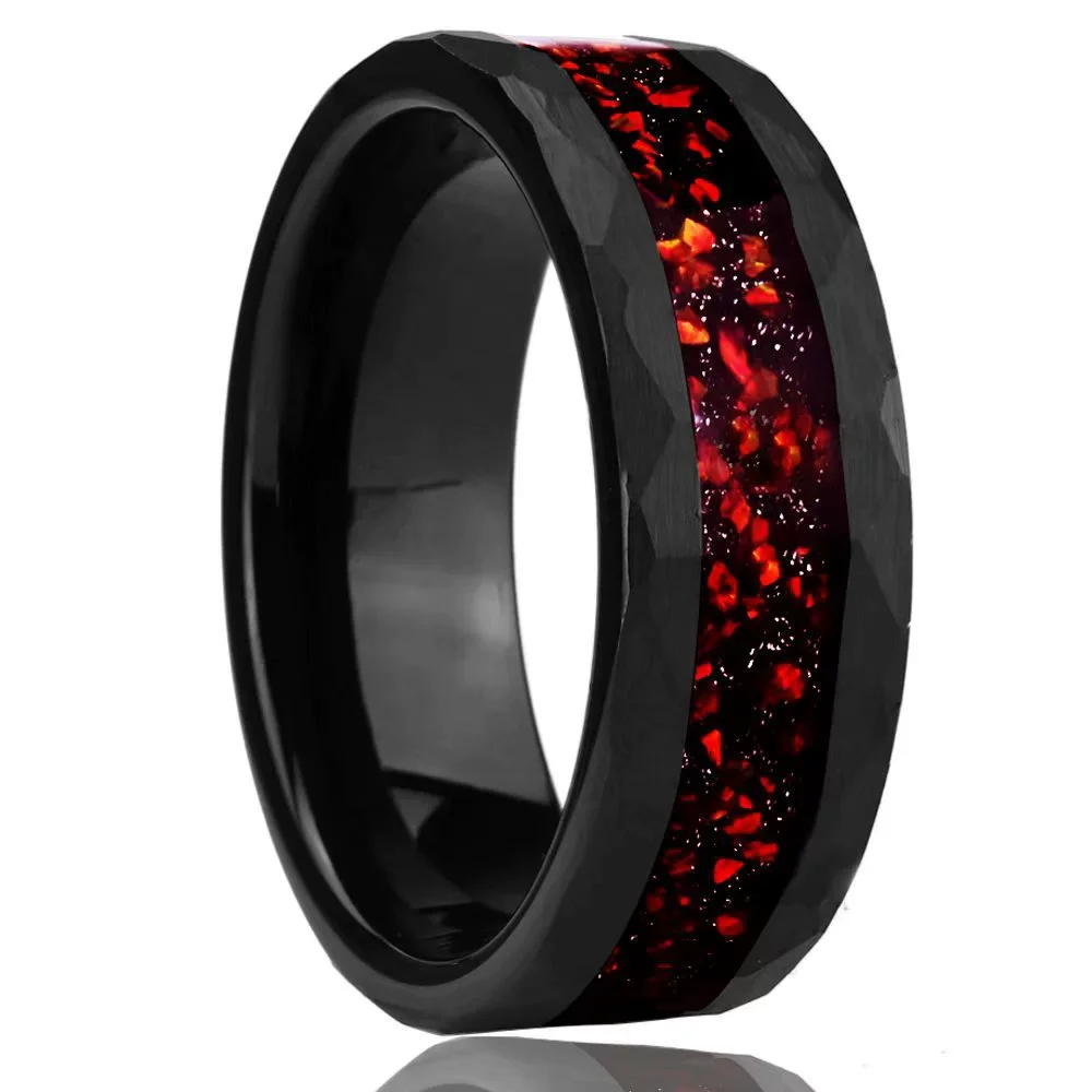 8MM Hammered Black Tungsten Carbide Rings Black Inlay and Red Opal Wedding Bands For Women and Men