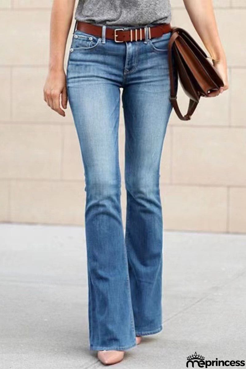 Street Solid Ripped High Waist Straight Denim Jeans