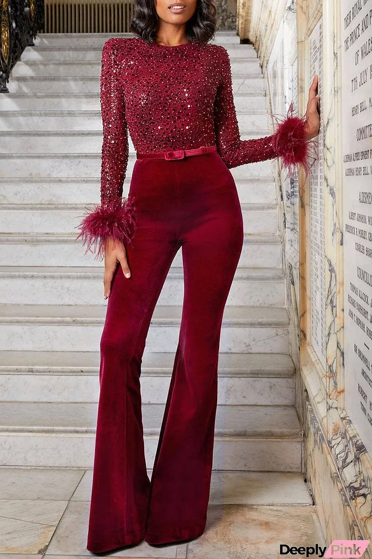 Fashion Sexy Solid Patchwork Feathers Beading O Neck Straight Jumpsuits