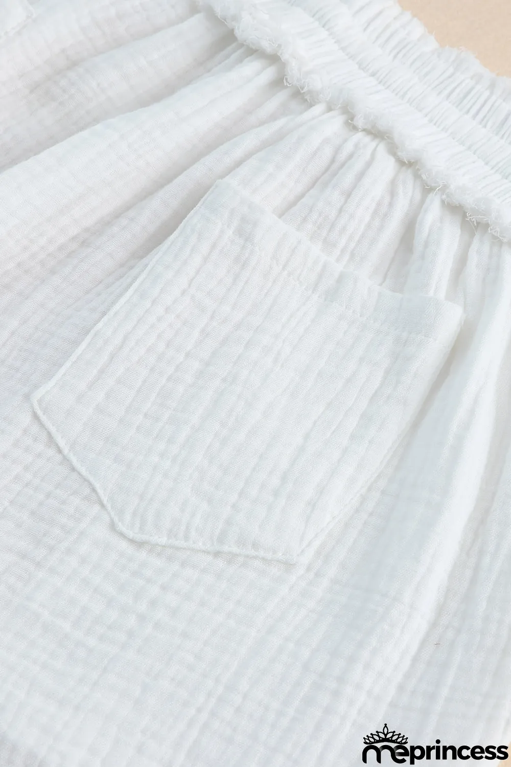 White Relaxed V Neck Blouse and Drawstring Raw Hem Shorts Set