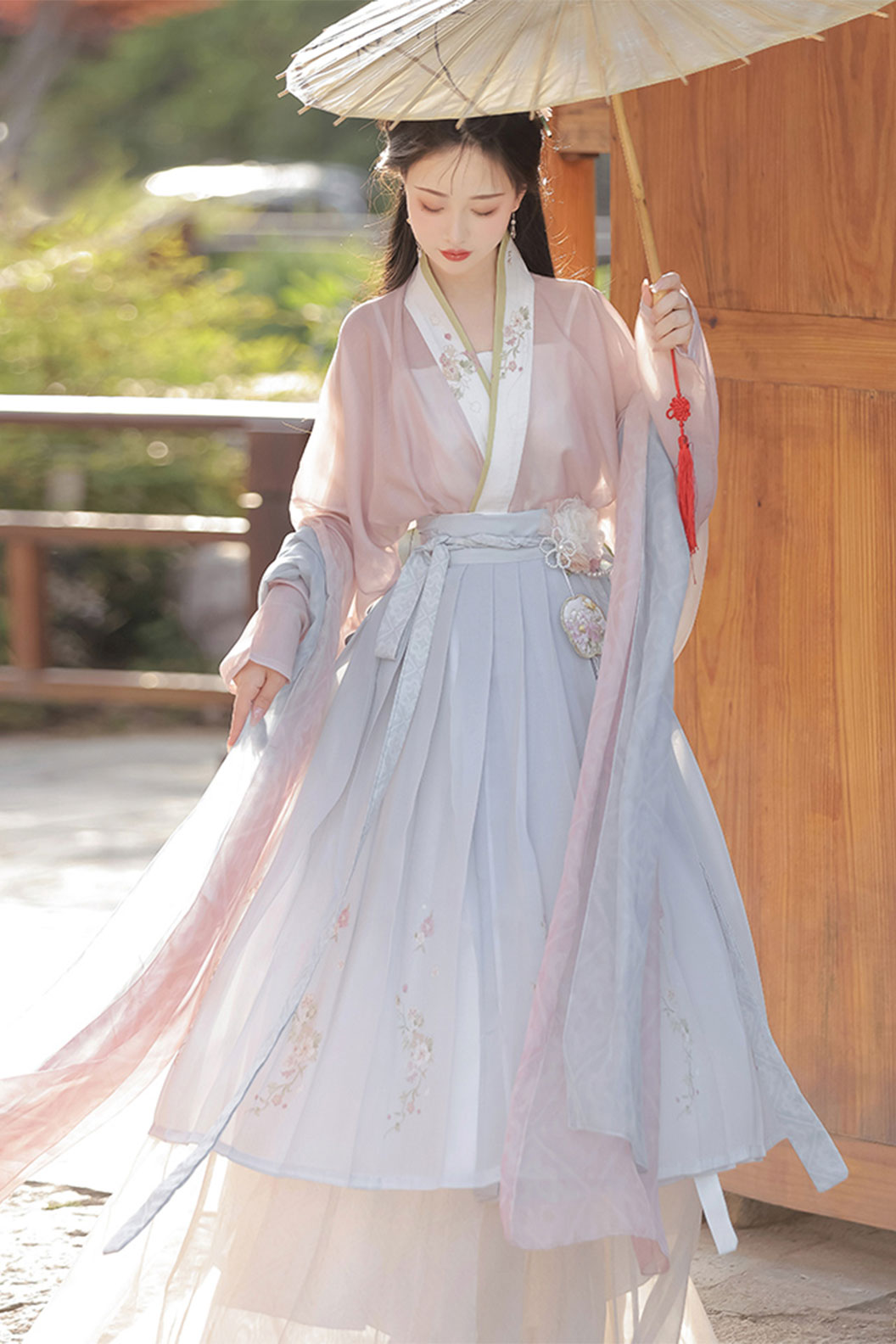 Ming Dynasty Pink Hanfu Dress Qi Yao Ruqun Skirt with Chinese Style and Tea Picking Era - caicha 采茶 Stupa Stones