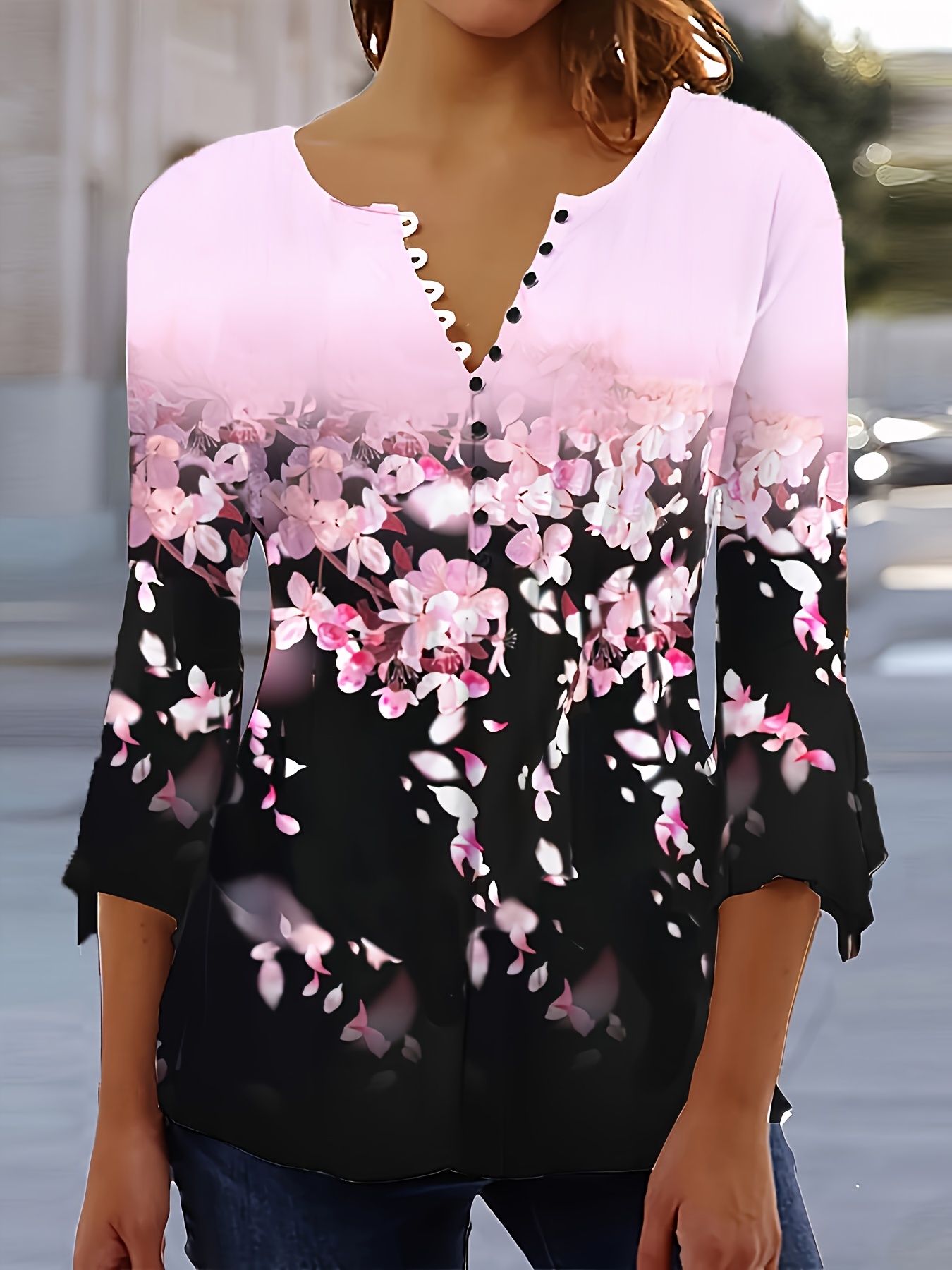 Women's Floral Print Blouse With Unique Button Detail - Irregular Three-Quarter Sleeves, Casual Polyester Top For Spring & Autumn, Machine Washable | IFYHOME