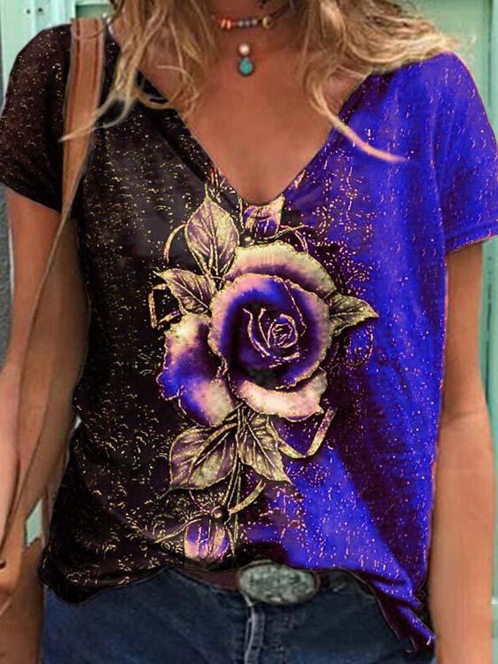 Women's V-neck Short Sleeve Floral Printed Tops