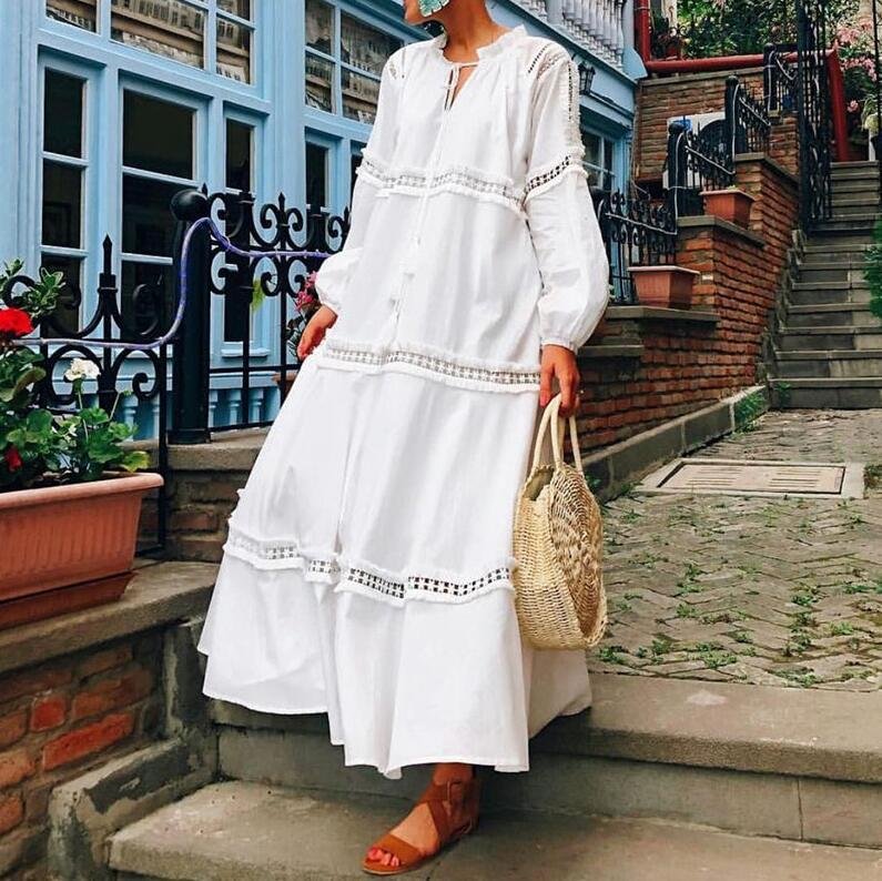 Ordifree 2021 Summer Women Boho Maxi Dress Cotton Loose Shirt Dress White Lace Tunic Beach Dress