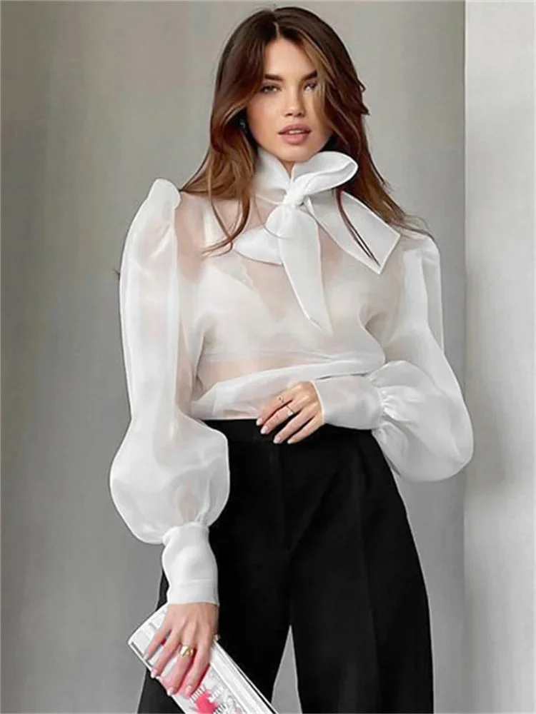 Huiketi White Chiffon Top Shirts For Women Elegant Long Lantern Sleeve Mesh T-shirt See-Through Blouse Bow Sheer Ladies Shirts