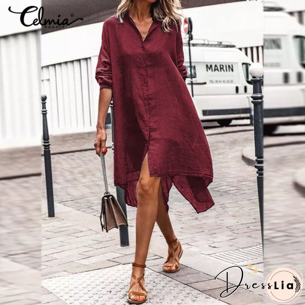Celmia Women Cotton Long Sleeve Shirt Dress Fashion Irregular Split Hem Party Long Dress Vestidos Plus Size