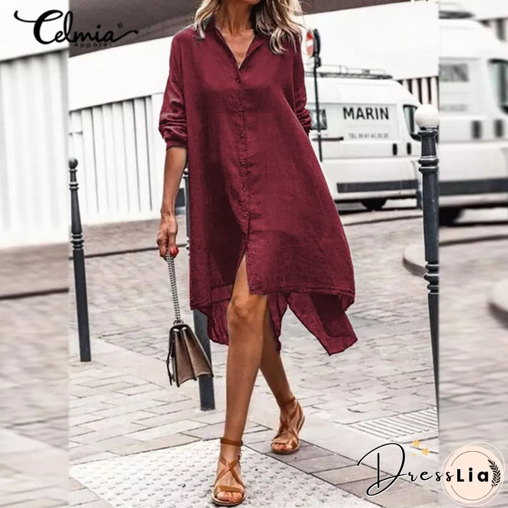 Celmia Women Cotton Long Sleeve Shirt Dress Fashion Irregular Split Hem Party Long Dress Vestidos Plus Size