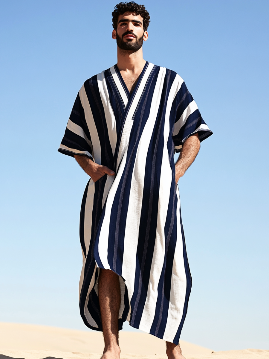 Men's Dark Blue Striped Polyester V-Neck Robe
