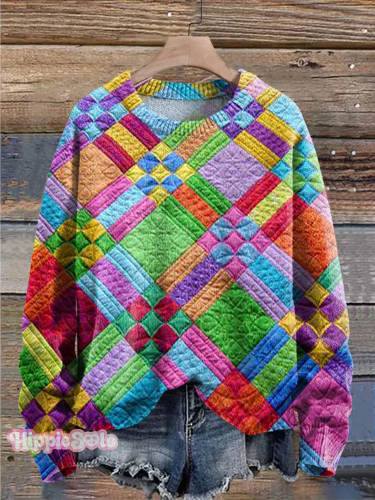 Colorful Striped Squares Print Knit Pullover Sweater Multicolor / S