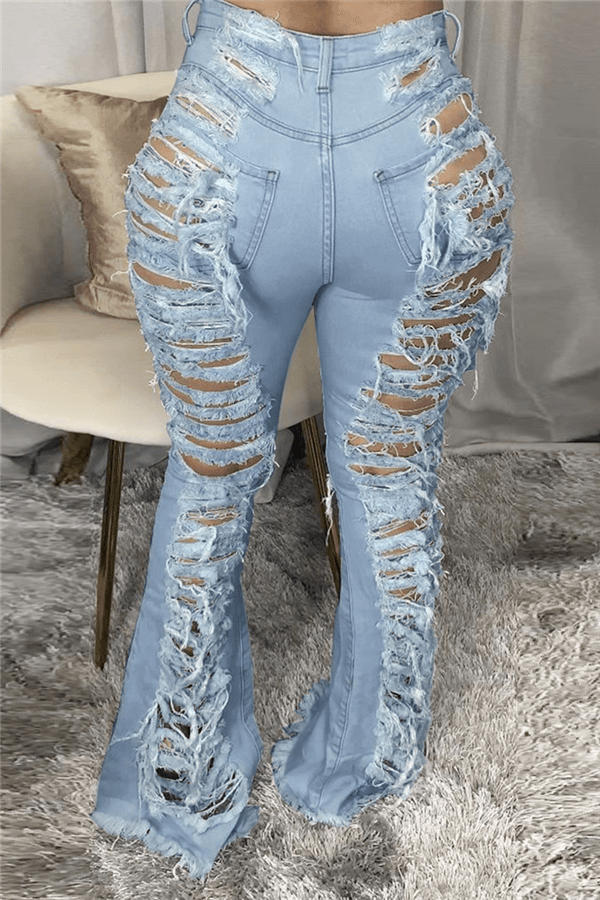 Fashion Sexy Mid Waist Broken Hole Jeans