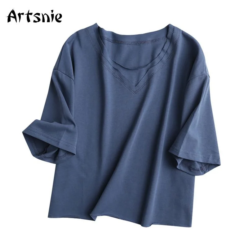 Artsnie Summer 2021 Oversized T Shirt Women O Neck Short Sleeve Gray Casual Crop Tops Female Knitted Cotton Cropped Tops T-shirt