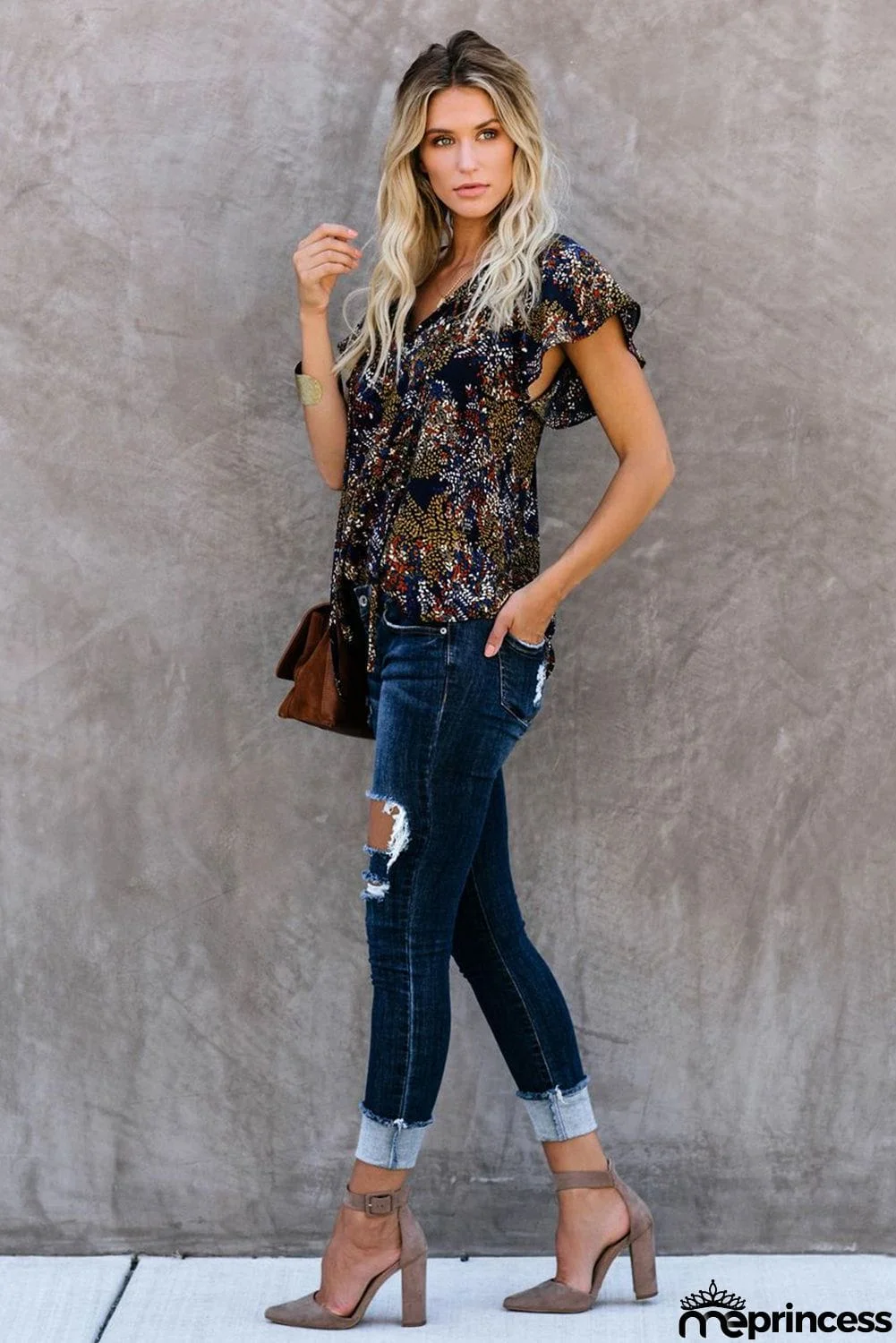 V-neck Short Sleeve Fashion Print Fantasy Fluttering Blouse