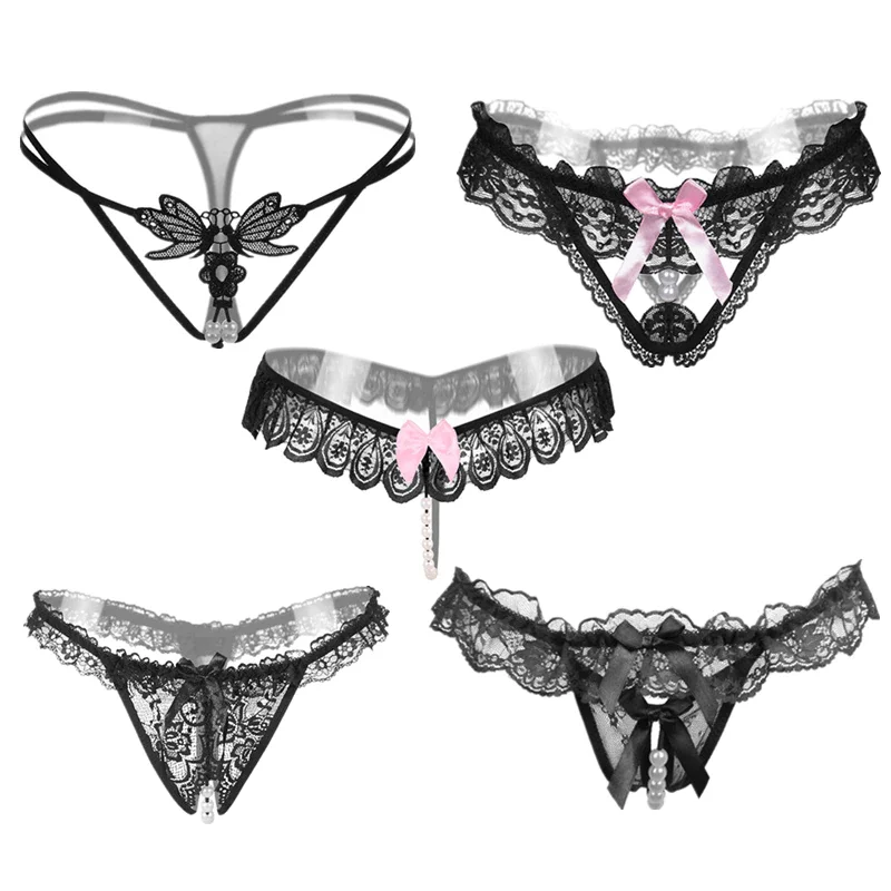 Billionm 5 Style Black Color Pearl Panties Women Underwear Sexy G String Lace Thongs Low Waist Bowknot Strings