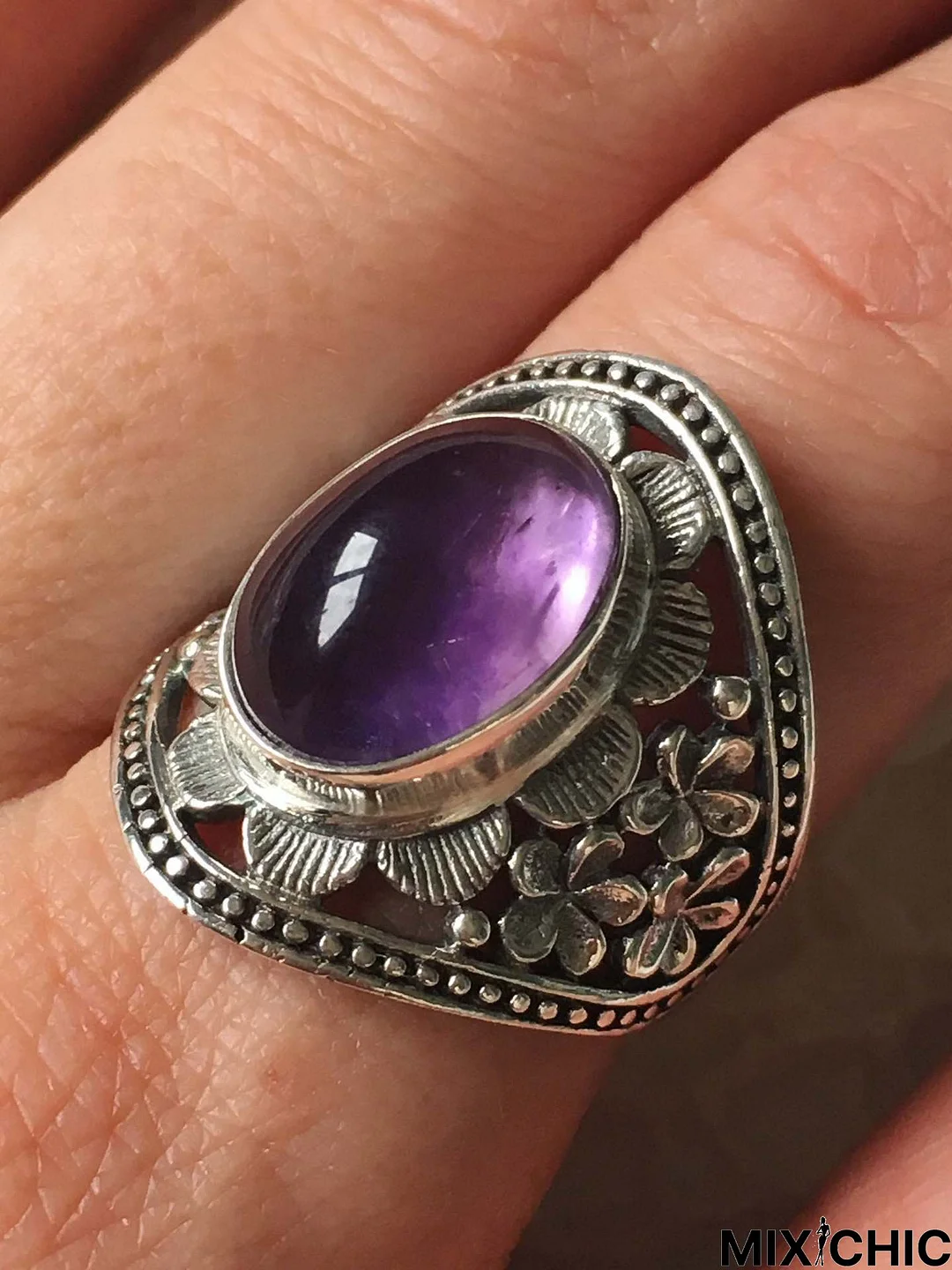 Ethnic Vintage Natural Purple Crystal Flower Pattern Silver Ring Boho Jewelry