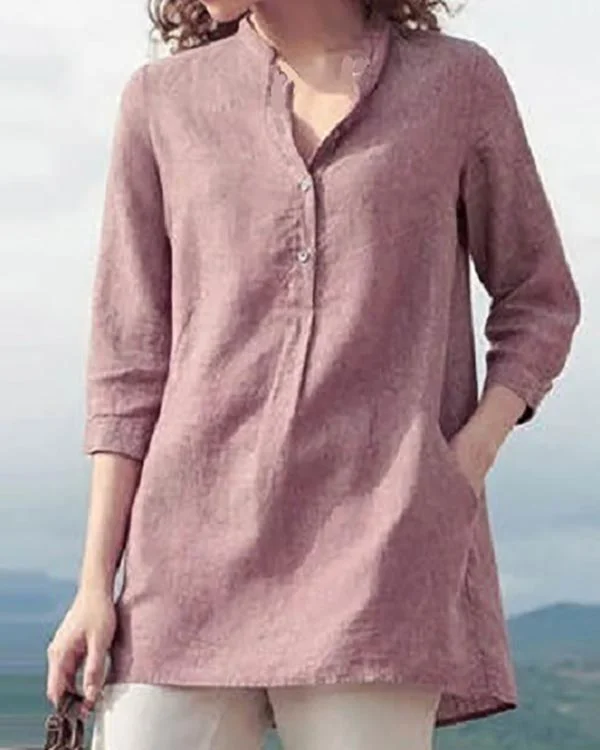Solid Color Stand Collar Linen Casual Pullover Shirt Top